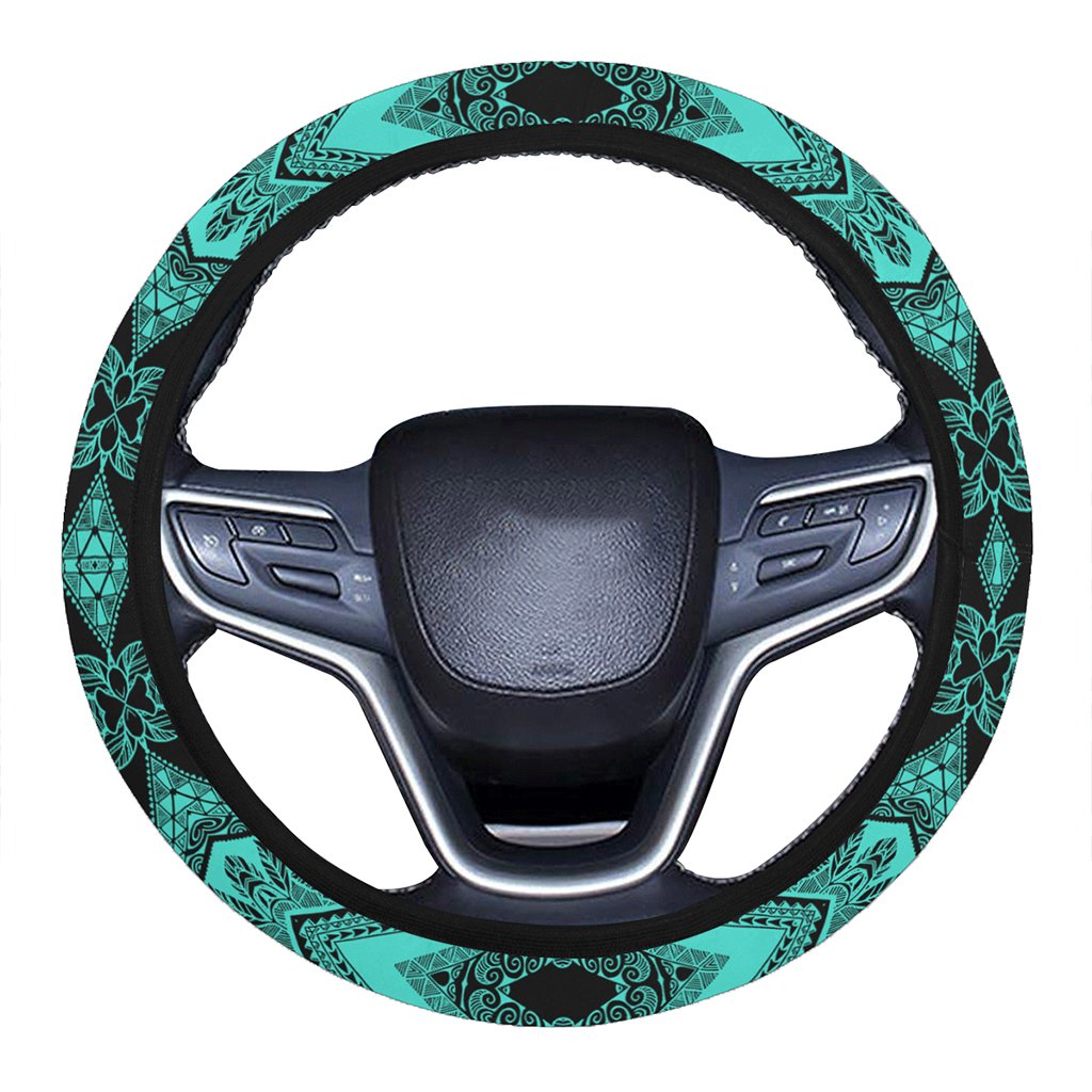 Polynesian Plumeria Mix Turquoise Black Hawaii Steering Wheel Cover with Elastic Edge One Size Turquoise Steering Wheel Cover - Polynesian Pride