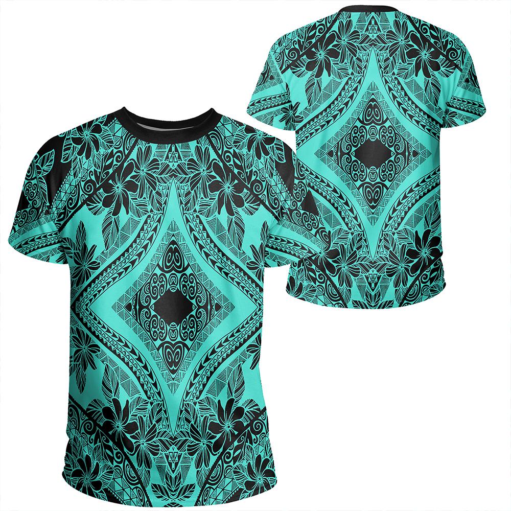 Polynesian Plumeria Mix Turquoise Black T Shirt Unisex Polyester - Polynesian Pride