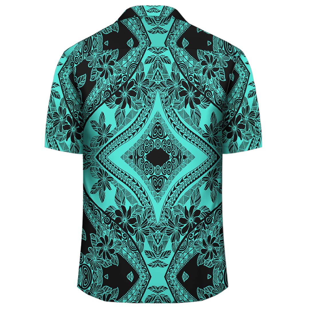 Polynesian Plumeria Mix Turquoise Black Hawaiian Shirt - Polynesian Pride