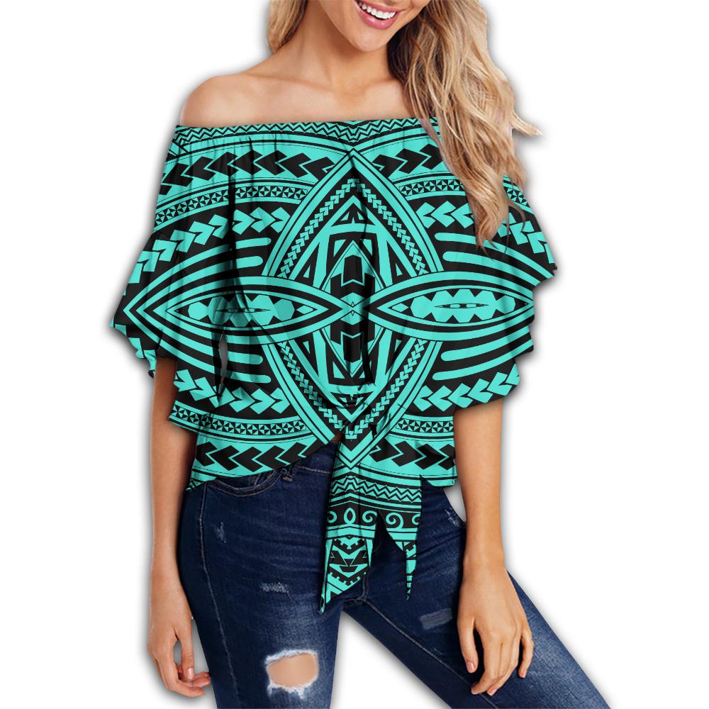 Polynesian Seamless Turquoise Hawaii Women's Off Shoulder Wrap Waist Top Turquoise Female - Polynesian Pride