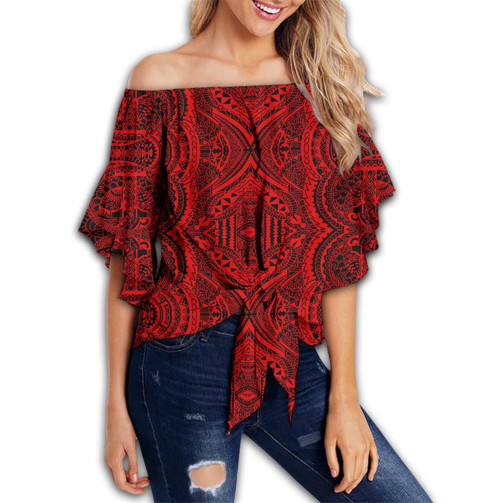 Polynesian Symmetry Red Hawaii Women's Off Shoulder Wrap Waist Top Red Female - Polynesian Pride