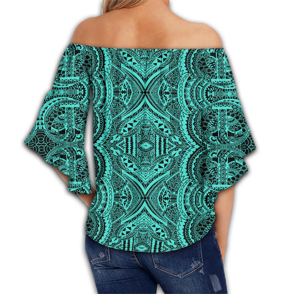Polynesian Symmetry Turquoise Hawaii Women's Off Shoulder Wrap Waist Top - Polynesian Pride