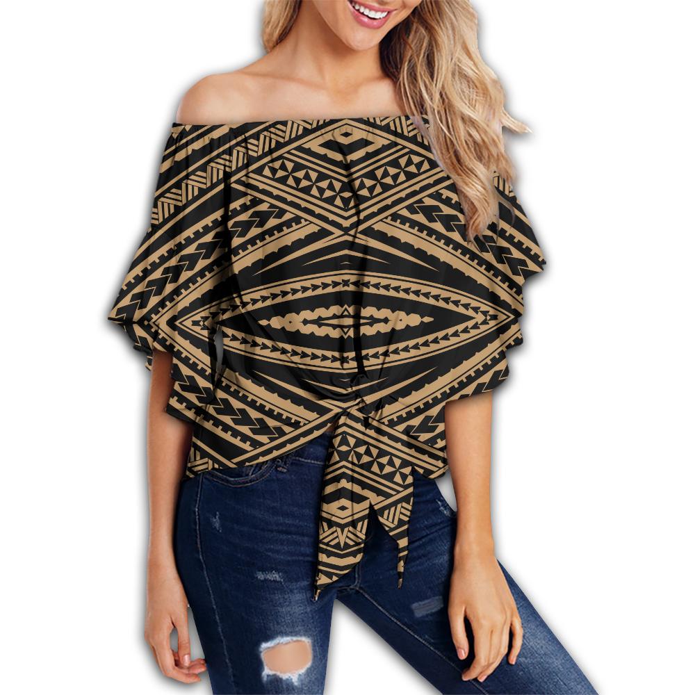 Polynesian Tatau Gold Hawaii Women's Off Shoulder Wrap Waist Top Gold Female - Polynesian Pride