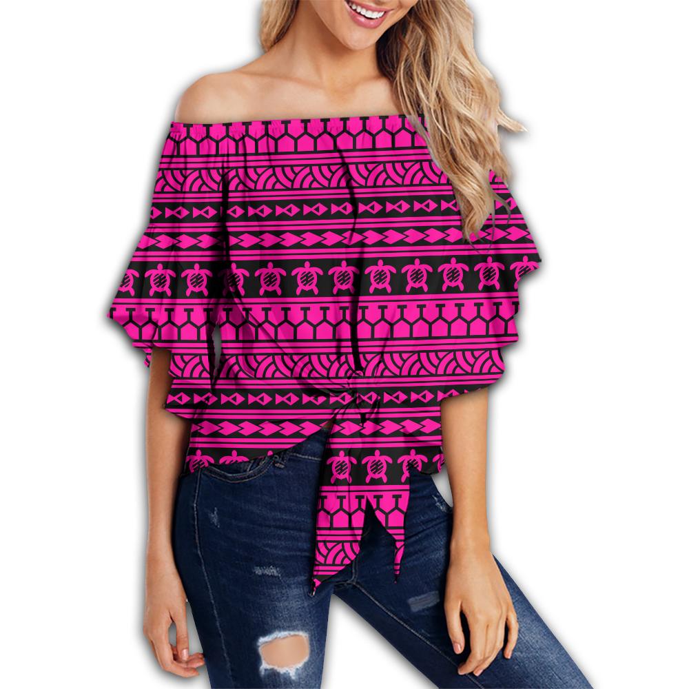 Polynesian Tattoo Tribal Pink Hawaii Women's Off Shoulder Wrap Waist Top Pink Female - Polynesian Pride