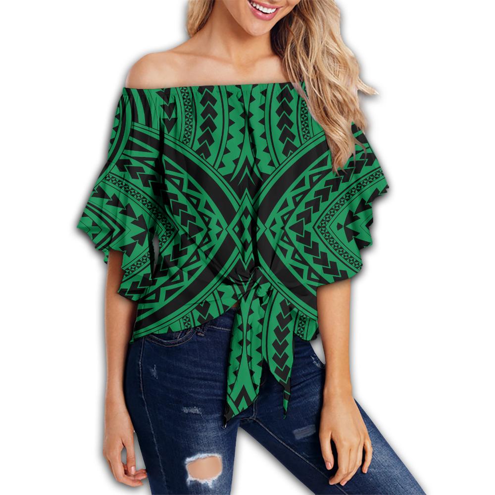 Polynesian Tradition Green Hawaii Women's Off Shoulder Wrap Waist Top Green Female - Polynesian Pride