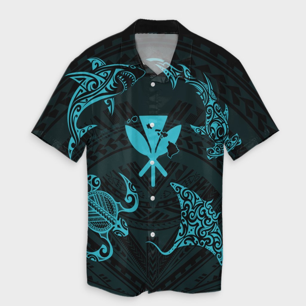 Polynesian Turtle Hammerhead Shark Ray Kanaka Hawaii Hawaiian Shirt Circle Blue - AH Unisex Black - Polynesian Pride