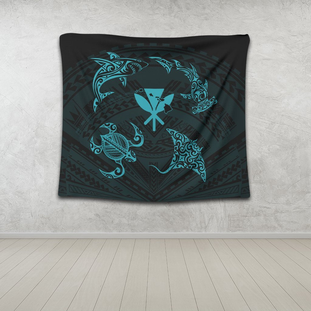 Polynesian Turtle Hammerhead Shark Ray Kanaka Hawaii Tapestry Circle Blue - AH - Polynesian Pride