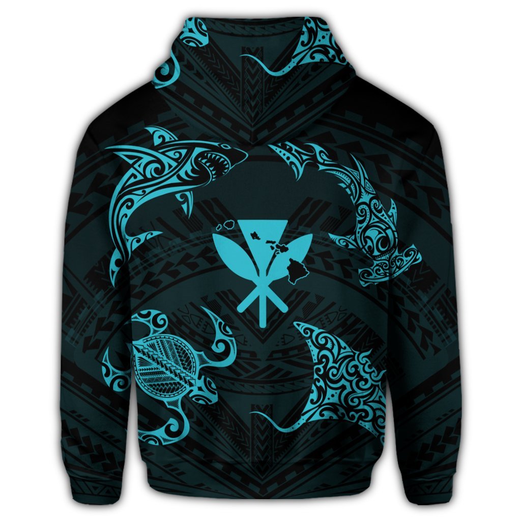 Polynesian Turtle Hammerhead Shark Ray Kanaka Hawaiian Hoodie Circle Blue - Polynesian Pride