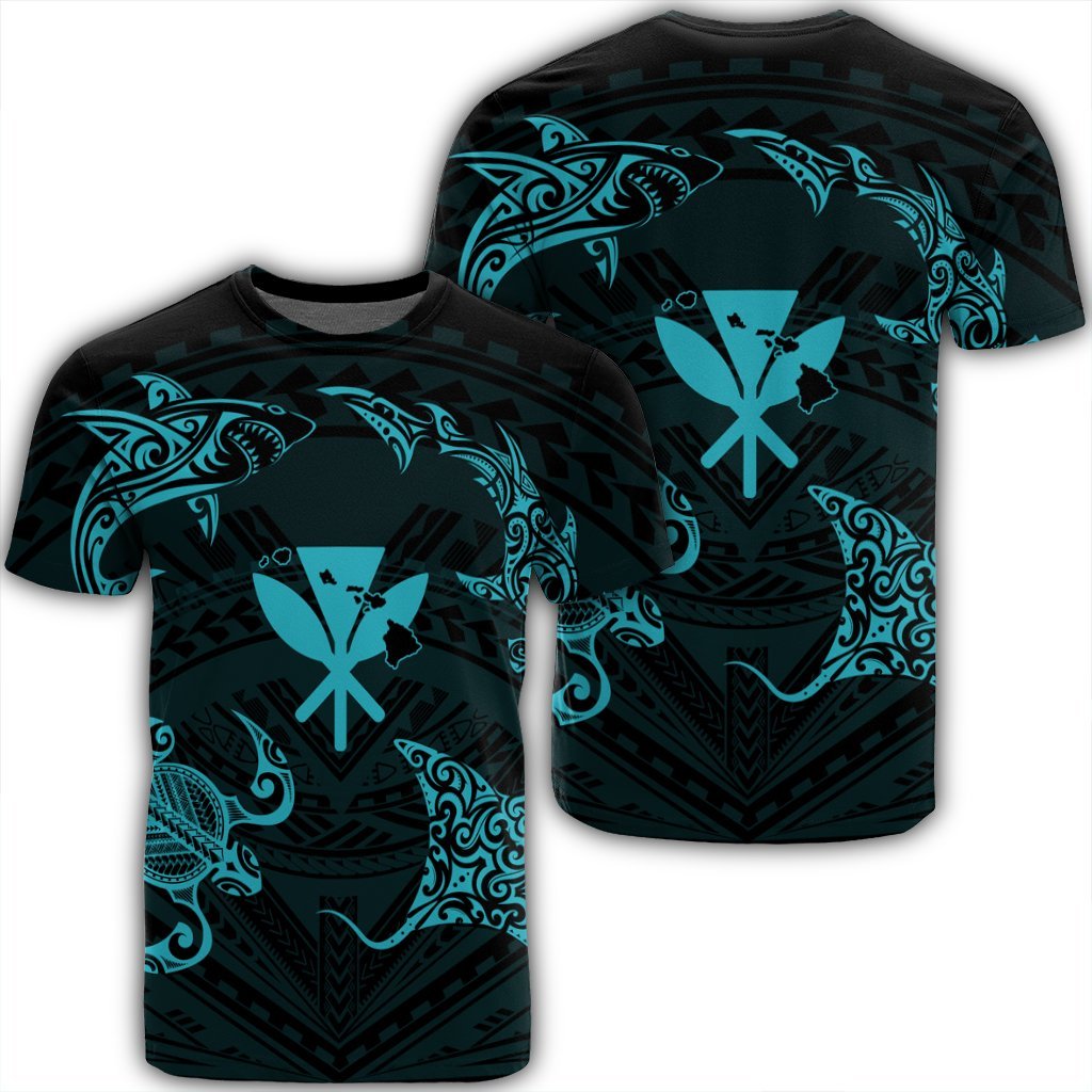 Polynesian Turtle Hammerhead Shark Ray Kanaka Hawaii T Shirt Circle Blue AH Unisex Black - Polynesian Pride