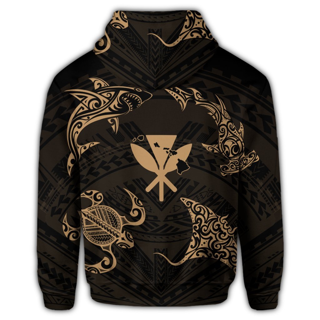 Polynesian Turtle Hammerhead Shark Ray Kanaka Hawaiian Hoodie Circle Gold - Polynesian Pride