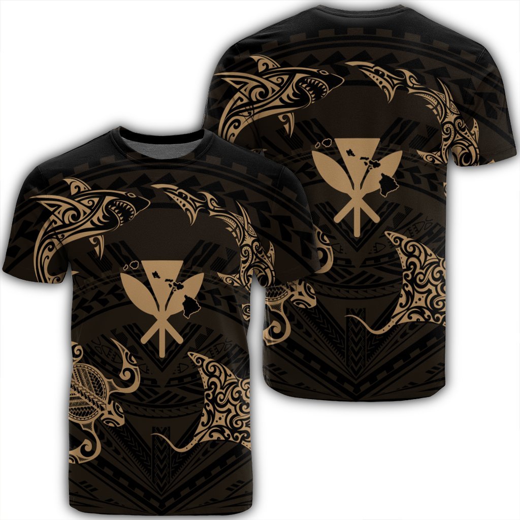 Polynesian Turtle Hammerhead Shark Ray Kanaka Hawaii T Shirt Circle Gold AH Unisex Black - Polynesian Pride