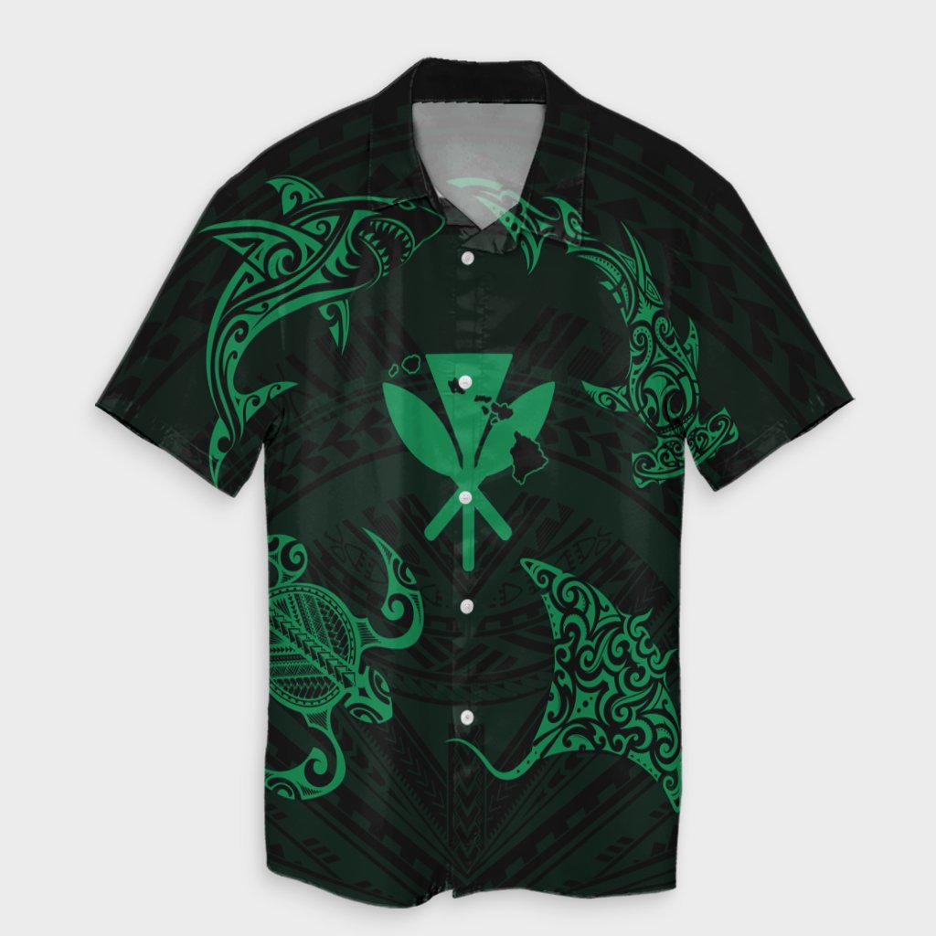 Polynesian Turtle Hammerhead Shark Ray Kanaka Hawaii Hawaiian Shirt Circle Green - AH Unisex Black - Polynesian Pride