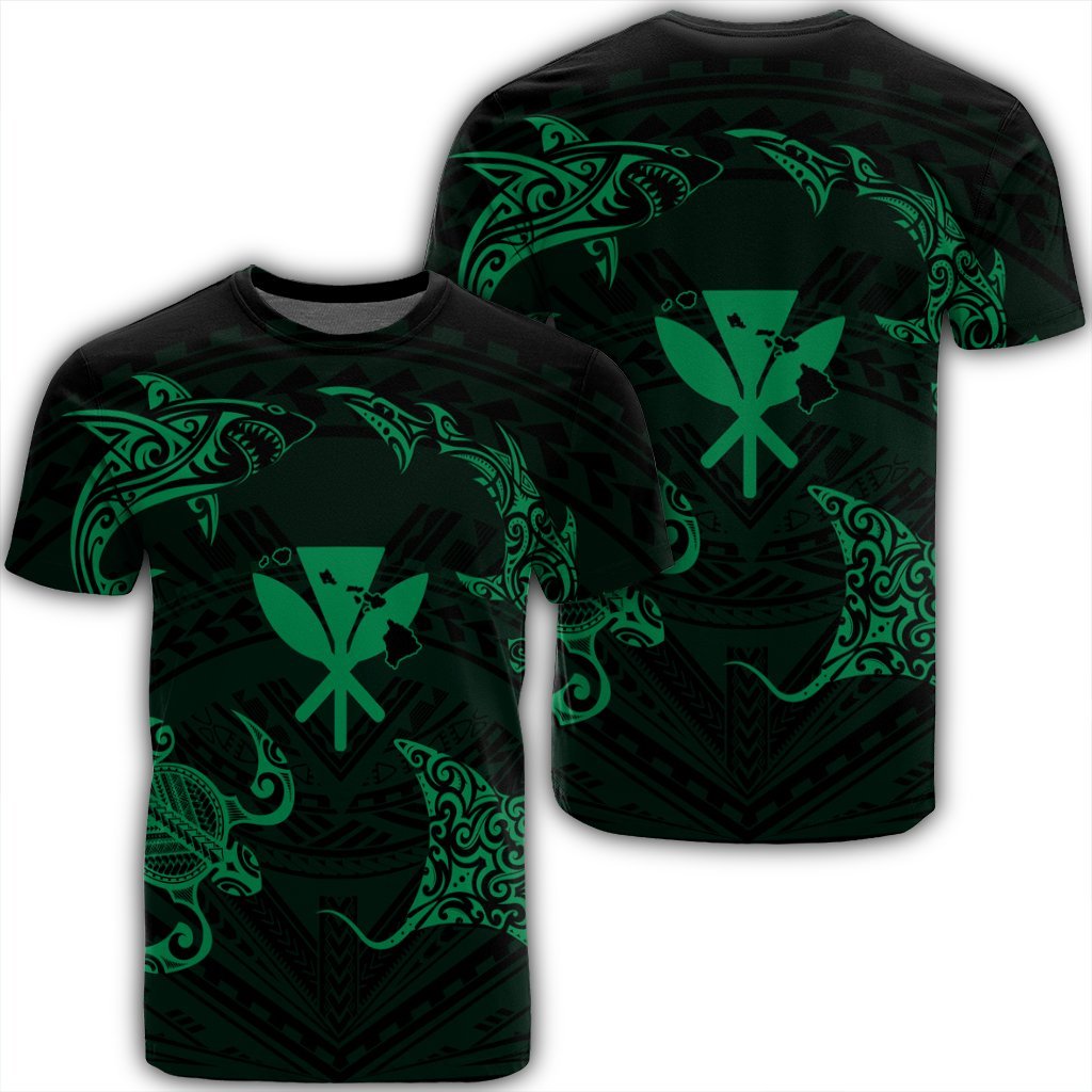 Polynesian Turtle Hammerhead Shark Ray Kanaka Hawaii T Shirt Circle Green AH Unisex Black - Polynesian Pride