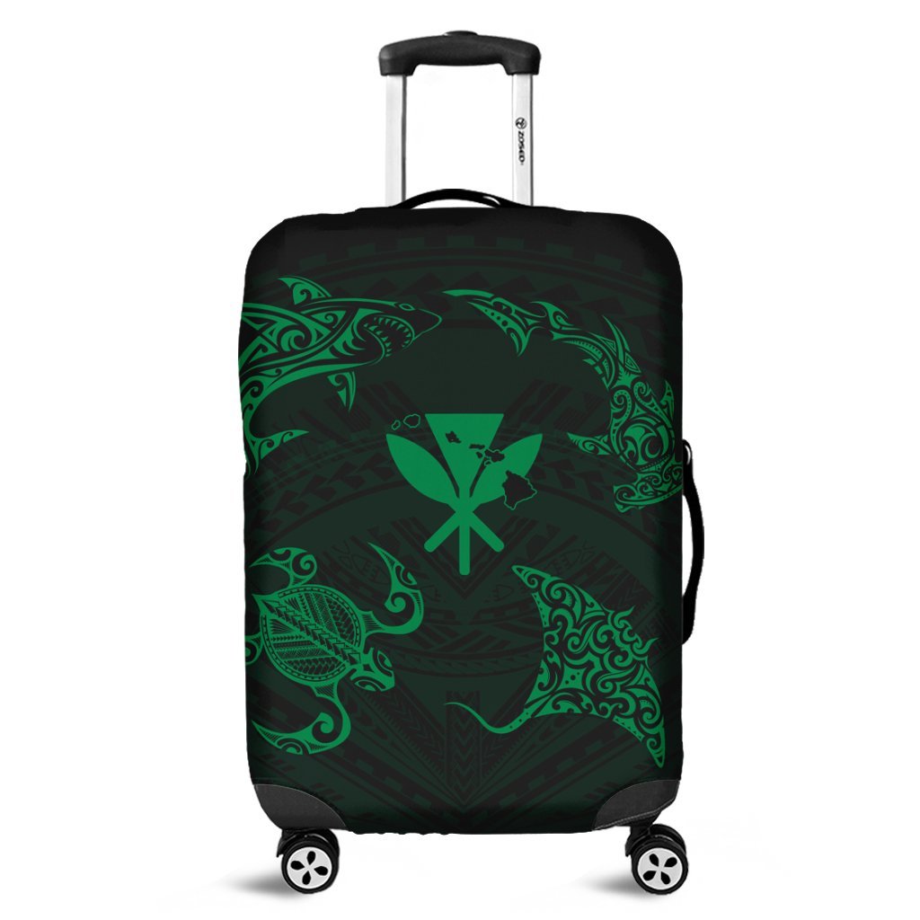 Polynesian Turtle Hammerhead Shark Ray Kanaka Hawaii Luggage Covers Circle Green - AH Black - Polynesian Pride