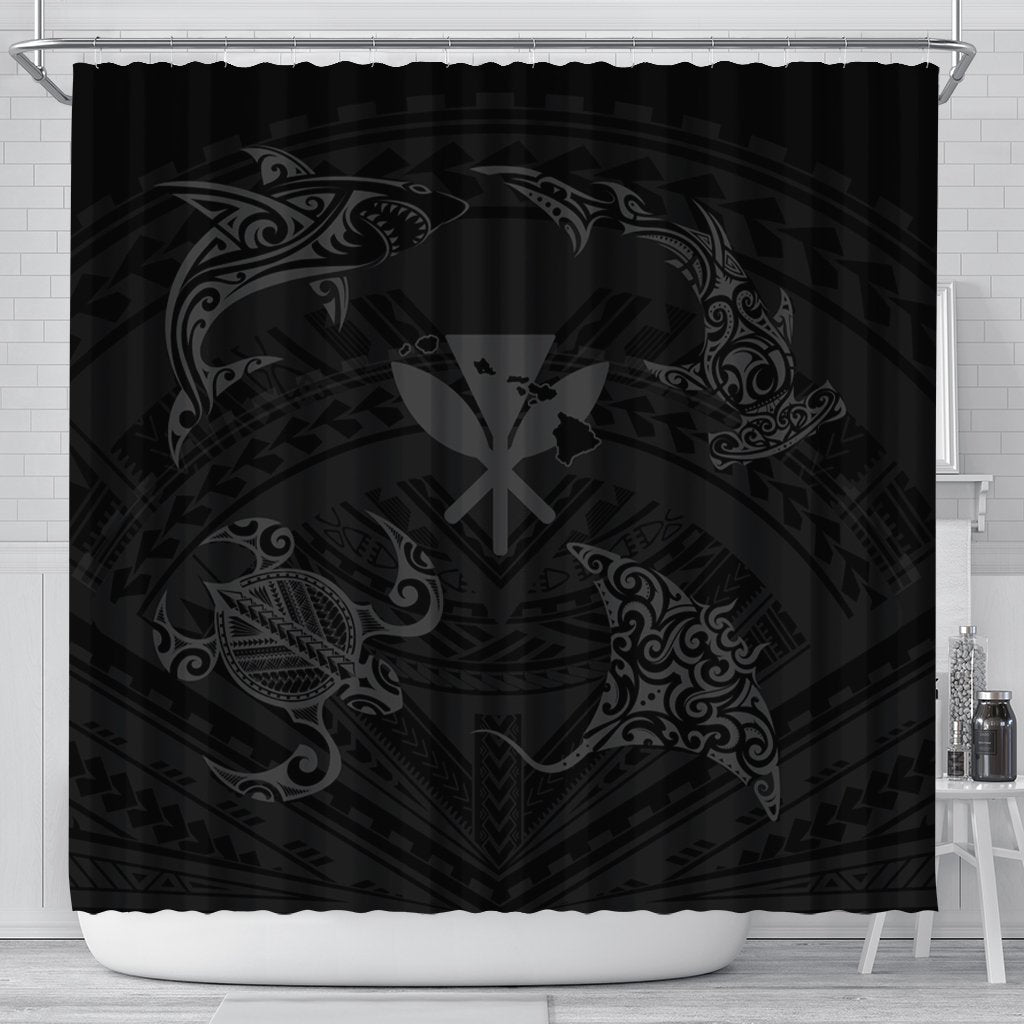 Polynesian Turtle Hammerhead Shark Ray Kanaka Hawaii Shower Curtain Circle Grey - AH 177 x 172 (cm) Black - Polynesian Pride