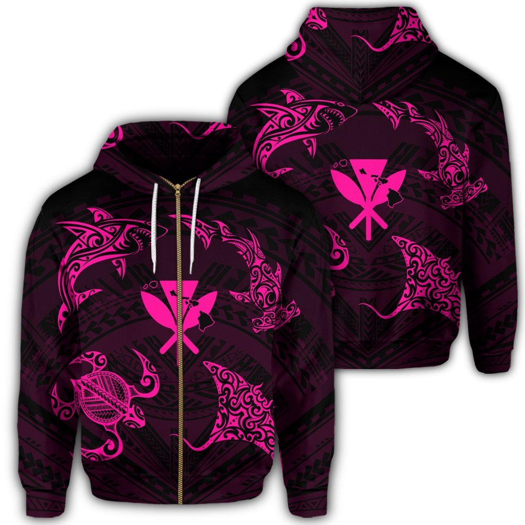 Polynesian Turtle Hammerhead Shark Ray Kanaka Hawaii Zip Hoodie Circle Pink Unisex Art - Polynesian Pride