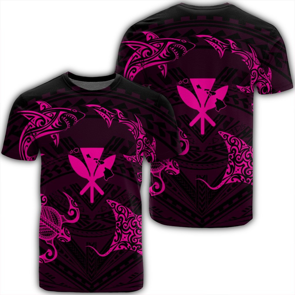 Polynesian Turtle Hammerhead Shark Ray Kanaka Hawaii T Shirt Circle Pink AH Unisex Black - Polynesian Pride