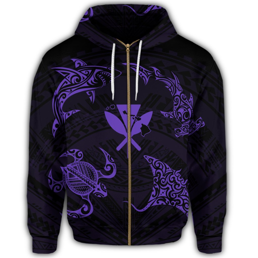 Polynesian Turtle Hammerhead Shark Ray Kanaka Hawaii Zip Hoodie Circle Purple - Polynesian Pride