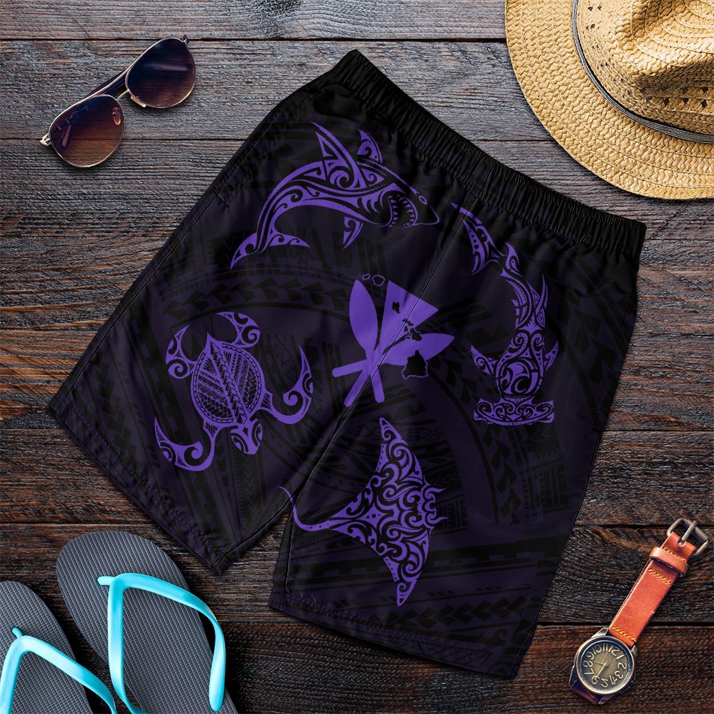 Polynesian Turtle Hammerhead Shark Ray Kanaka Hawaii Men's Shorts Circle Purple - AH Art - Polynesian Pride