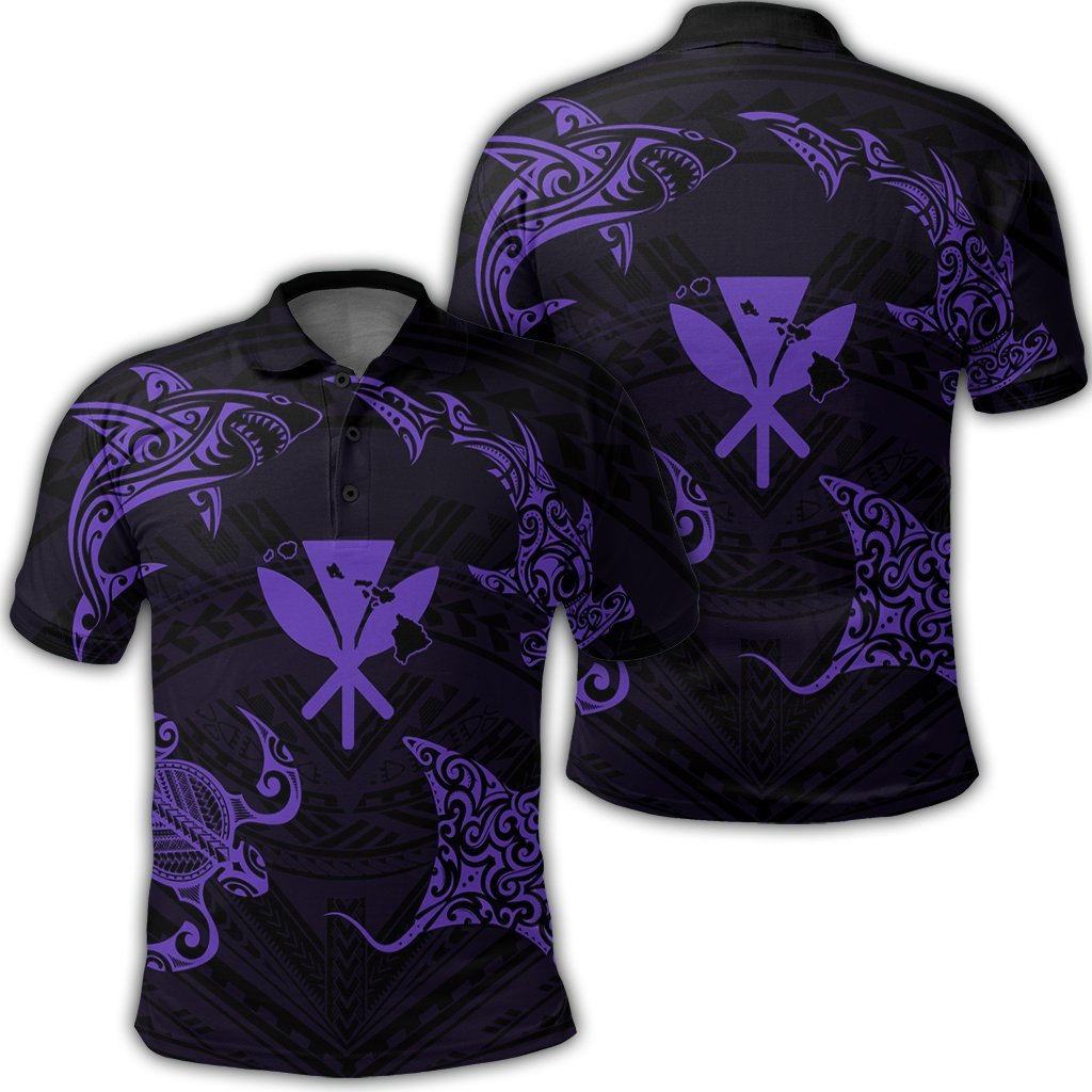 Polynesian Turtle Hammerhead Shark Ray Kanaka Hawaii Polo Shirt Circle Purple Unisex Black - Polynesian Pride