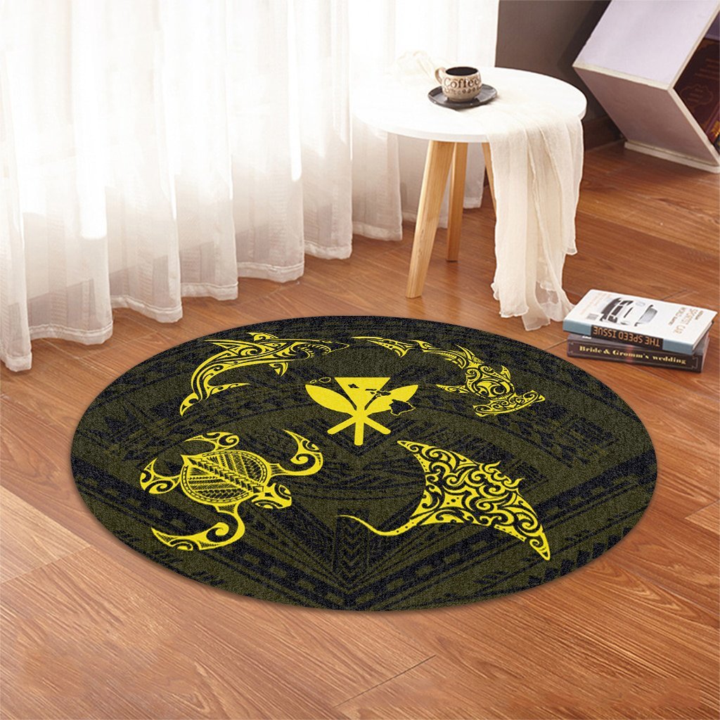 Polynesian Turtle Hammerhead Shark Ray Kanaka Hawaii Round Carpet Circle Yellow - AH - Polynesian Pride