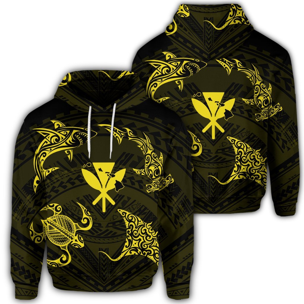 Polynesian Turtle Hammerhead Shark Ray Kanaka Hawaiian Hoodie Circle Yellow Unisex Art - Polynesian Pride