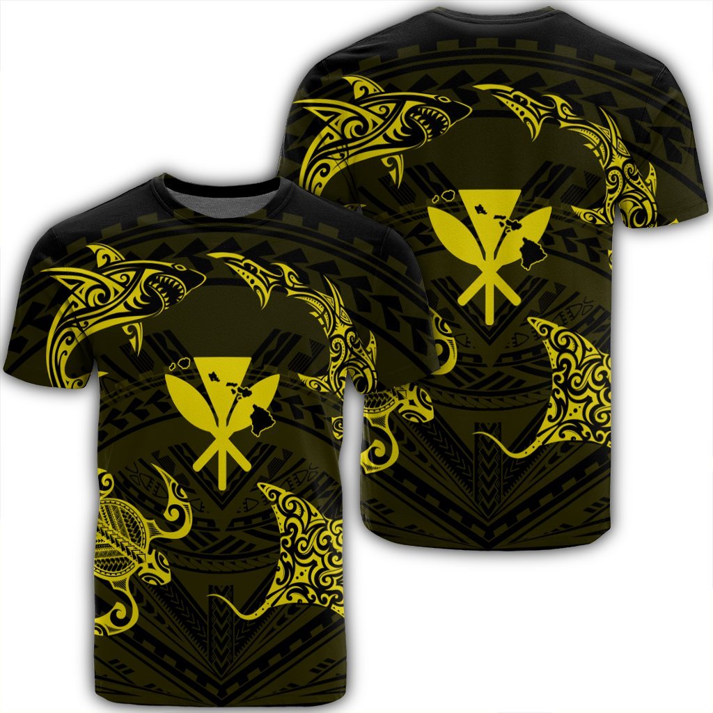 Polynesian Turtle Hammerhead Shark Ray Kanaka Hawaii T Shirt Circle Yellow AH Unisex Black - Polynesian Pride