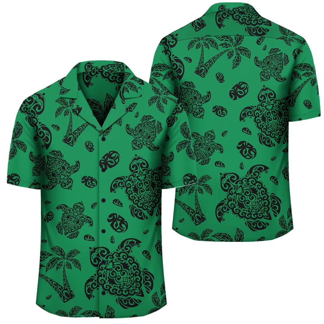 Polynesian Turtle Palm And Sea Pebbles Green Hawaiian Shirt Unisex Black - Polynesian Pride
