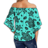 Polynesian Turtle Palm And Sea Pebbles Turquoise Hawaii Women's Off Shoulder Wrap Waist Top - Polynesian Pride