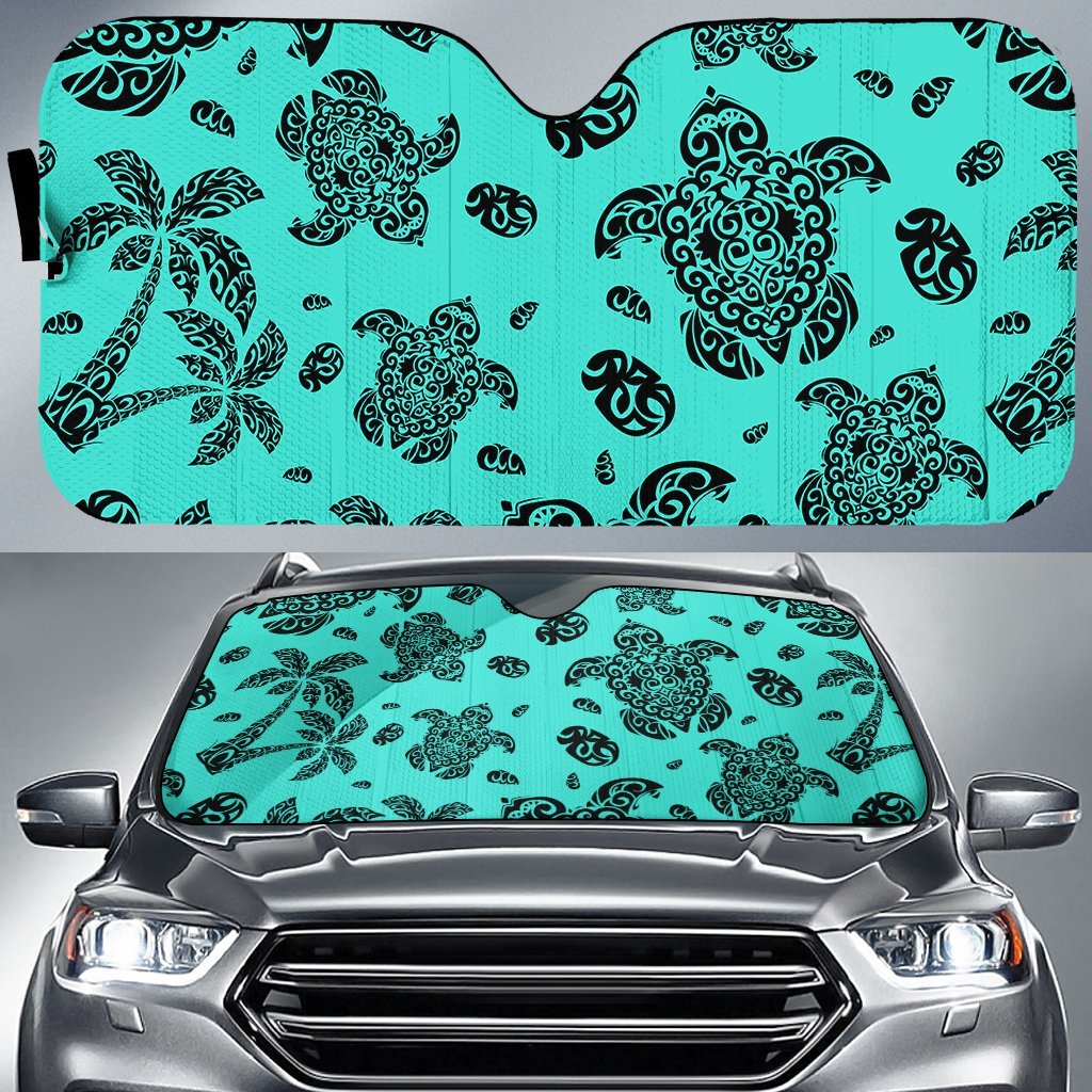 Polynesian Turtle Palm And Sea Pebbles Car Sun Shade Auto Sun Shade Universal Fit Turquoise - Polynesian Pride