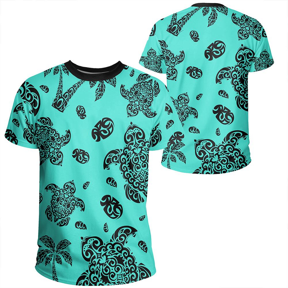 Polynesian Turtle Palm And Sea Pebbles Turquoise T Shirt Unisex Polyester - Polynesian Pride