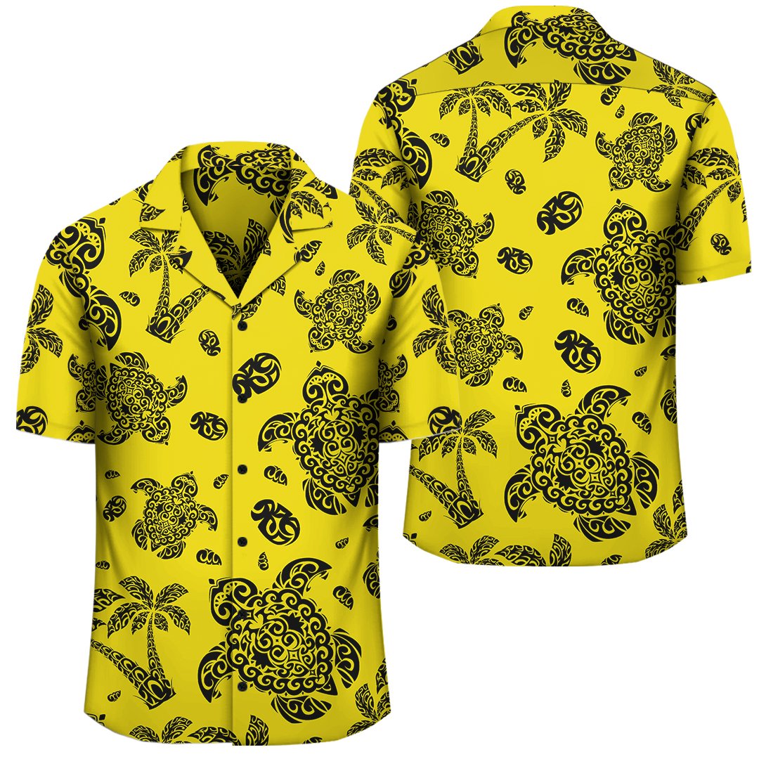 Polynesian Turtle Palm And Sea Pebbles Yellow Hawaiian Shirt Unisex Black - Polynesian Pride