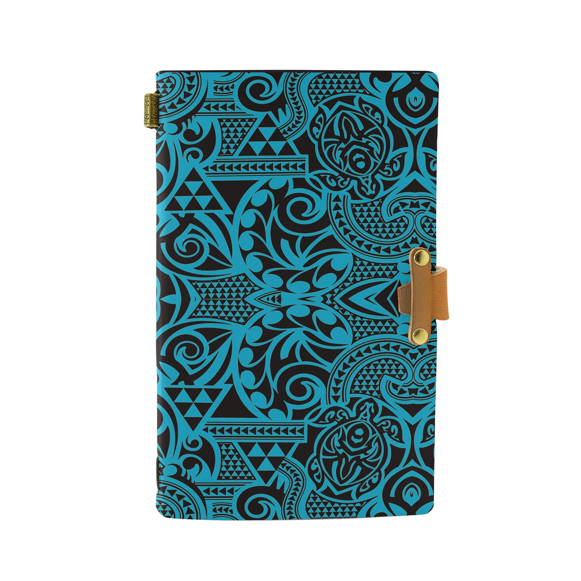 Hawaii Polynesian Kakau Turtle Blue Leather Notebook Leather Black - Polynesian Pride