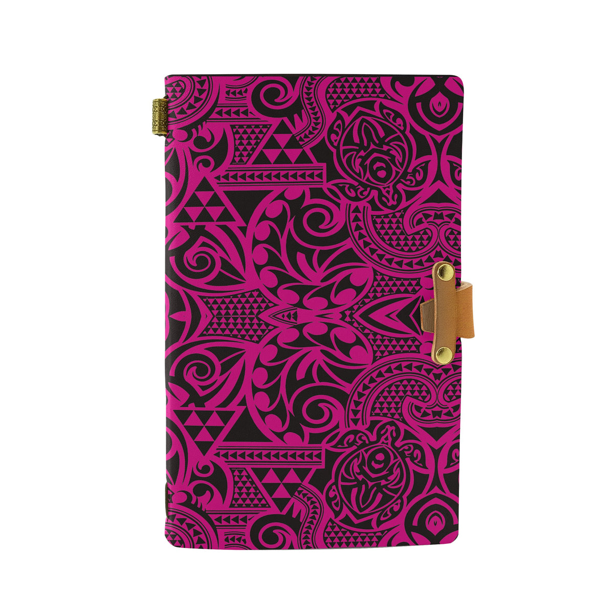 Hawaii Polynesian Kakau Turtle Pink Leather Notebook Leather Black - Polynesian Pride