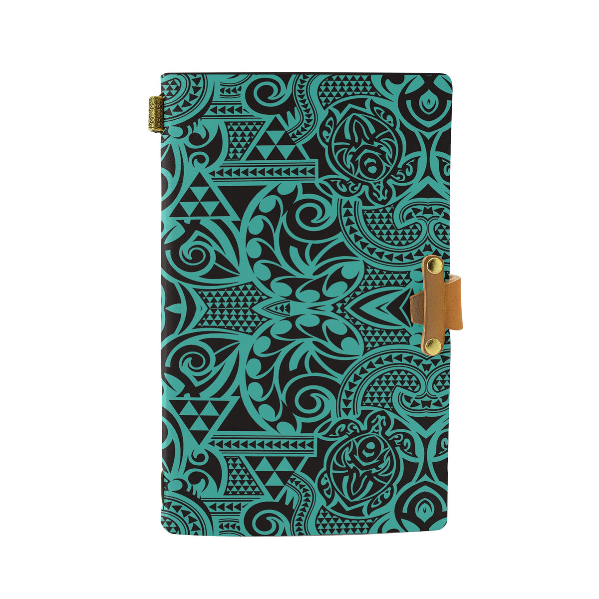 Hawaii Polynesian Kakau Turtle Turquoise Leather Notebook Leather Black - Polynesian Pride