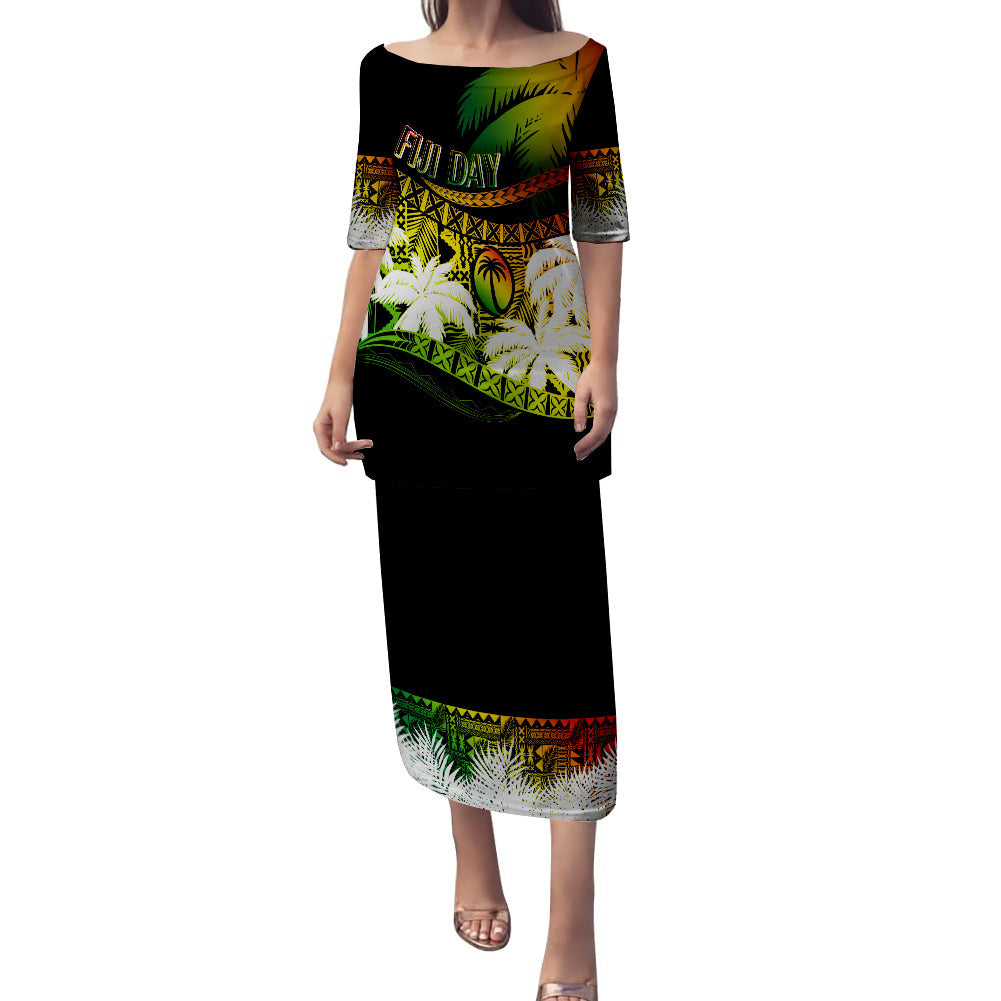 Personalised Fiji Day Puletasi Dress Flying Fijians Masi Kesa Style - Reggae LT7 Women Reggae - Polynesian Pride