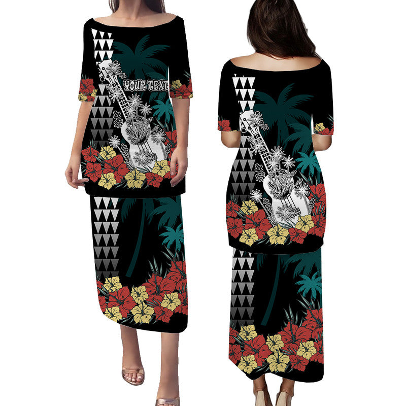 (Custom Personalised) Hawaii Ukulele Mix Hibiscus and Coconut Tree Puletasi Dress Aloha Vintage Black Version LT9 Long Dress Black - Polynesian Pride