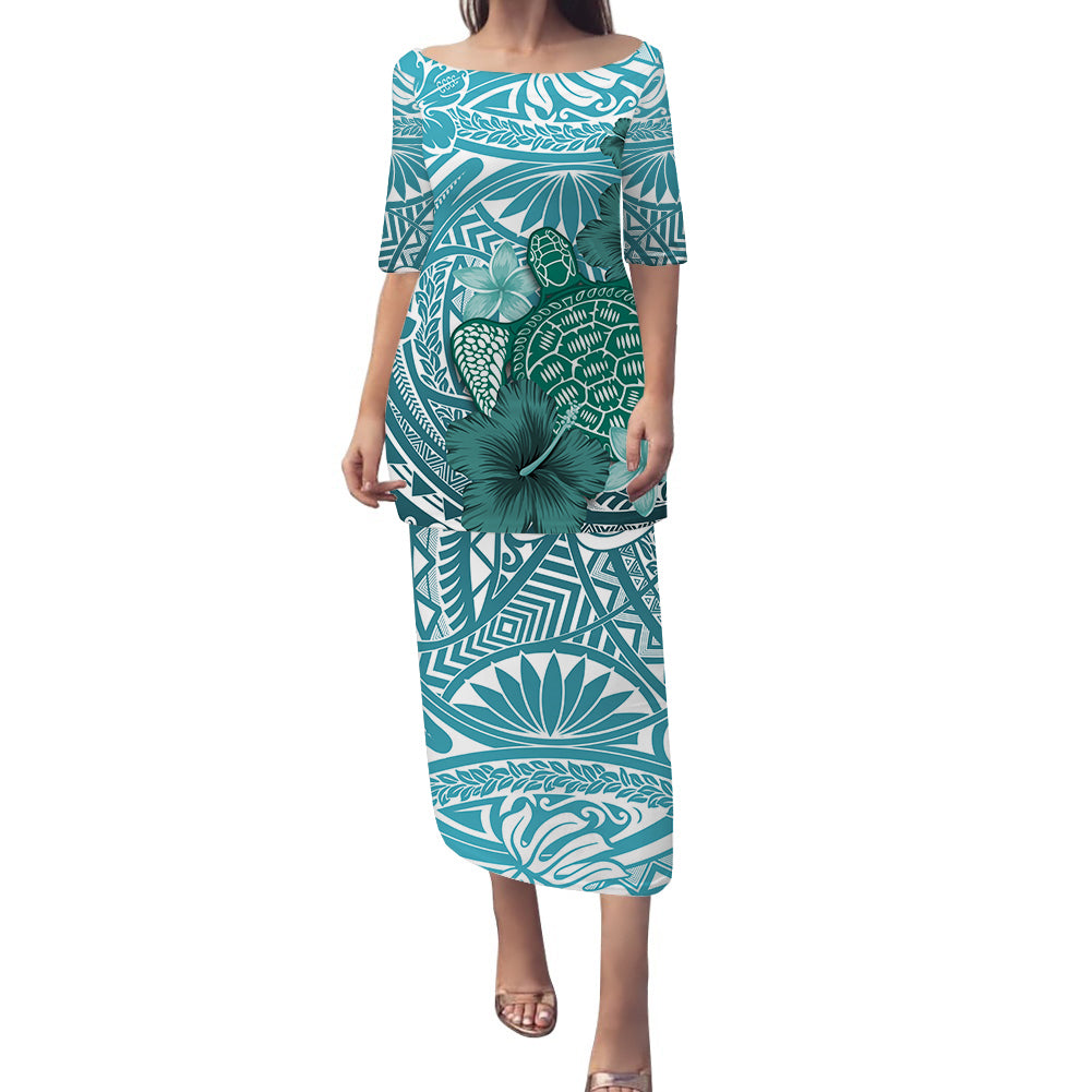 Polynesian Puletasi Dress Hibiscus With Sea Turtle Ver.04 LT14 Turquoise - Polynesian Pride