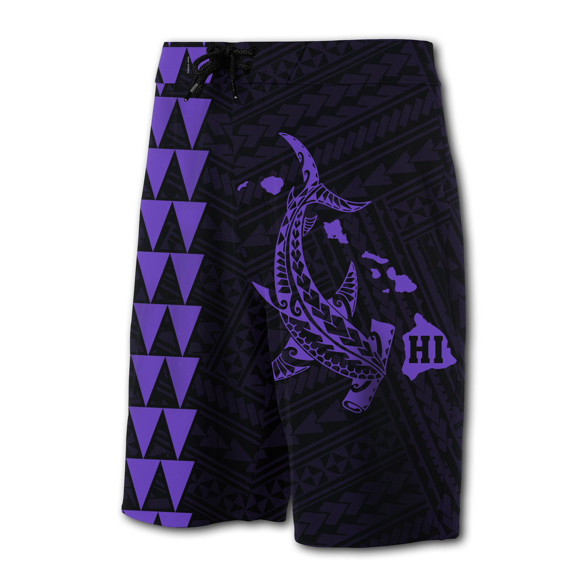 Hawaii Kakau Polynesian Hammerhead Shark Map Board Shorts - Purple - Polynesian Pride