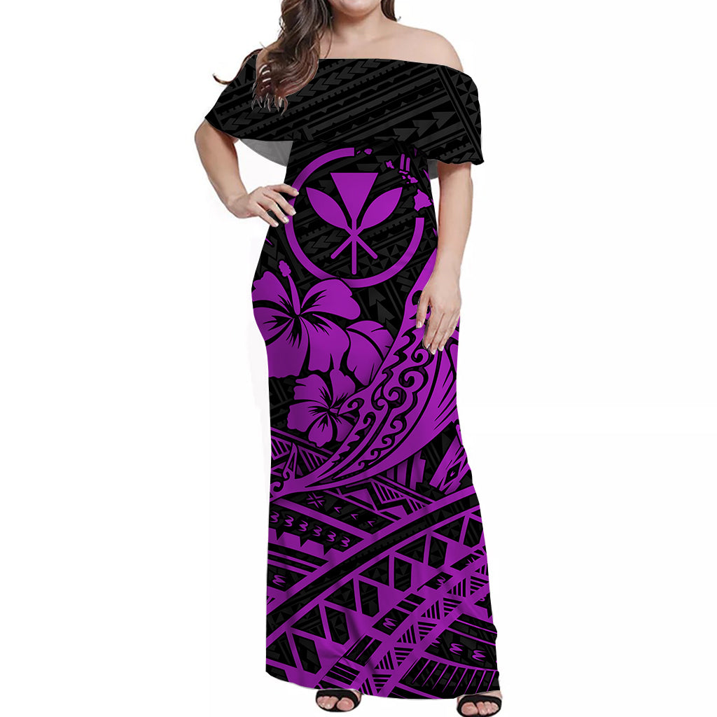 Hawaii Humpback Whale With Hibiscus Tribal Off Shoulder Dress Purple - LT12 Long Dress Purple - Polynesian Pride