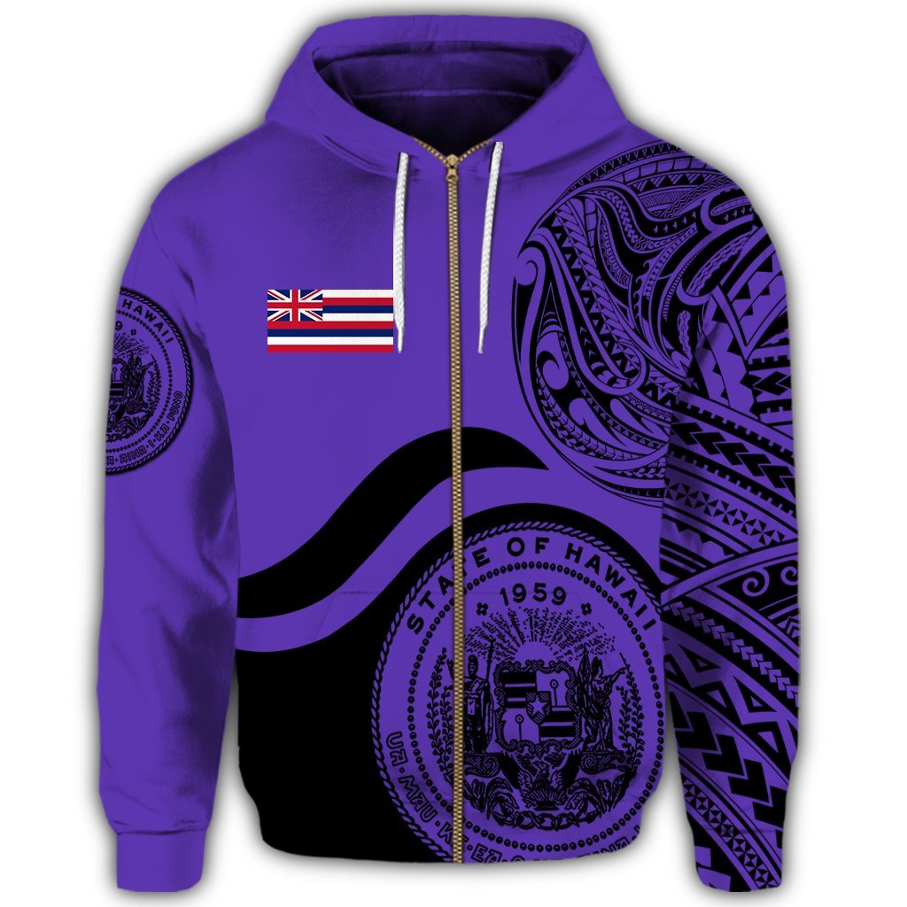 Hawaii Coat of Arms Zip Hoodie Waveshape Style Purple - Polynesian Pride