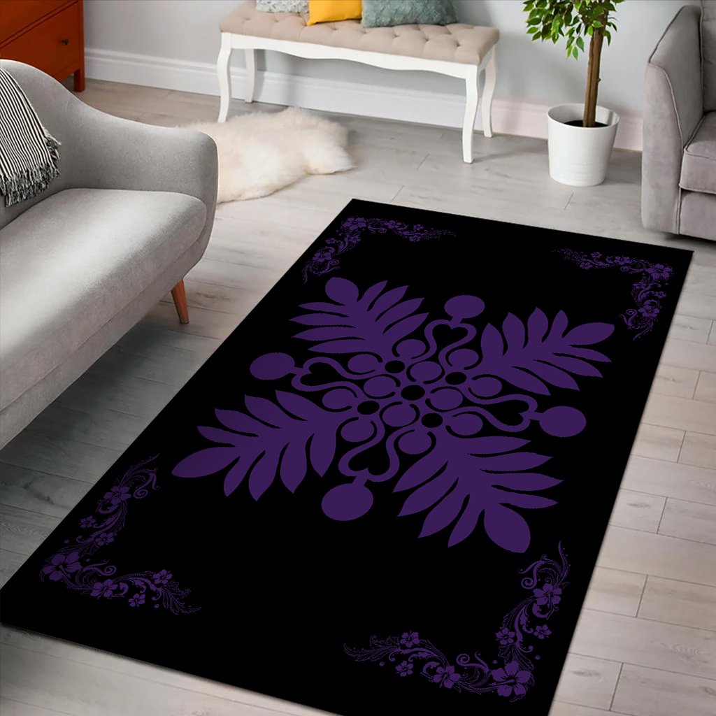 Hawaiian Quilt Maui Plant And Hibiscus Pattern Area Rug - Purple Black - AH - Polynesian Pride