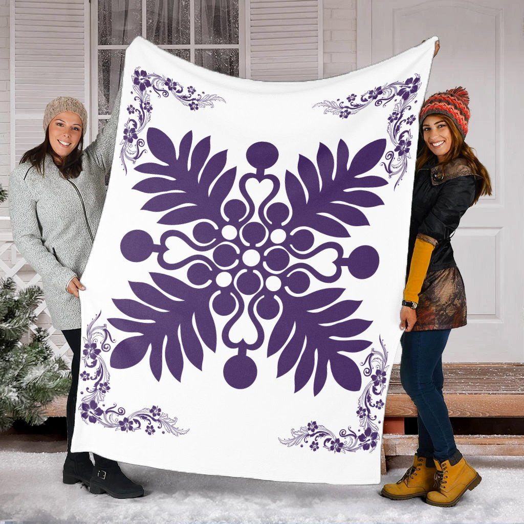 Hawaiian Quilt Maui Plant And Hibiscus Premium Blanket - Purple White - AH - Polynesian Pride