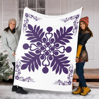 Hawaiian Quilt Maui Plant And Hibiscus Premium Blanket - Purple White - AH - Polynesian Pride