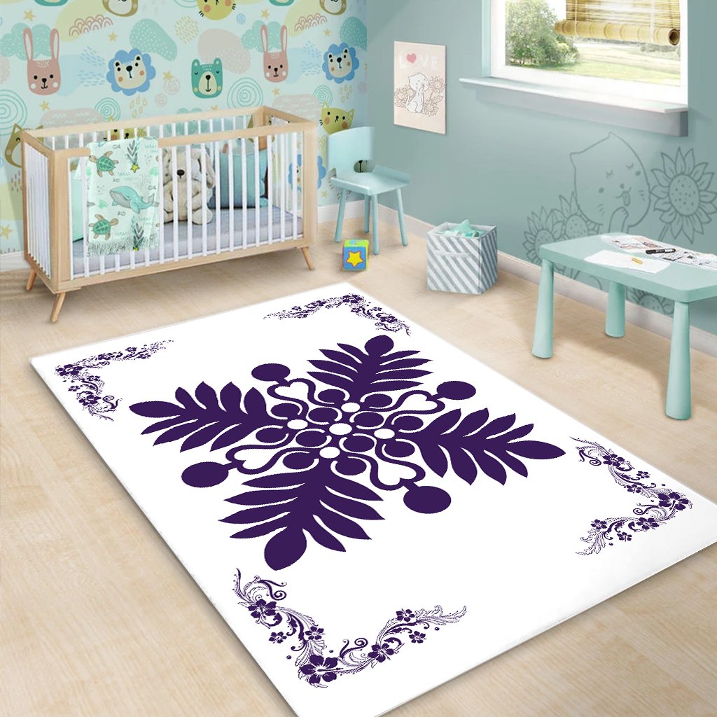 Hawaiian Quilt Maui Plant And Hibiscus Pattern Area Rug - Purple White - AH - Polynesian Pride