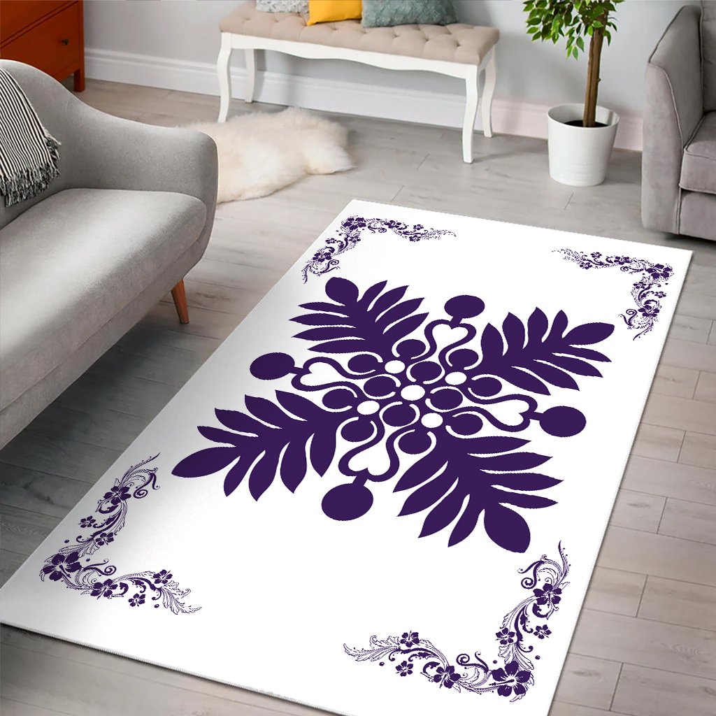 Hawaiian Quilt Maui Plant And Hibiscus Pattern Area Rug - Purple White - AH - Polynesian Pride