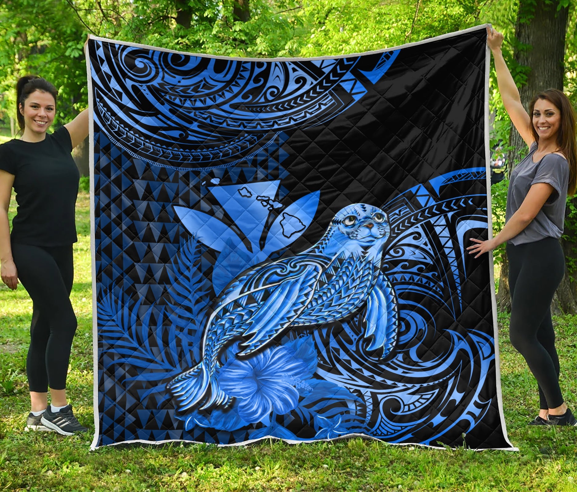 Hawaii Monk Seal Premium Quilt Kakau With Kanaka Blue LT14 Blue - Polynesian Pride