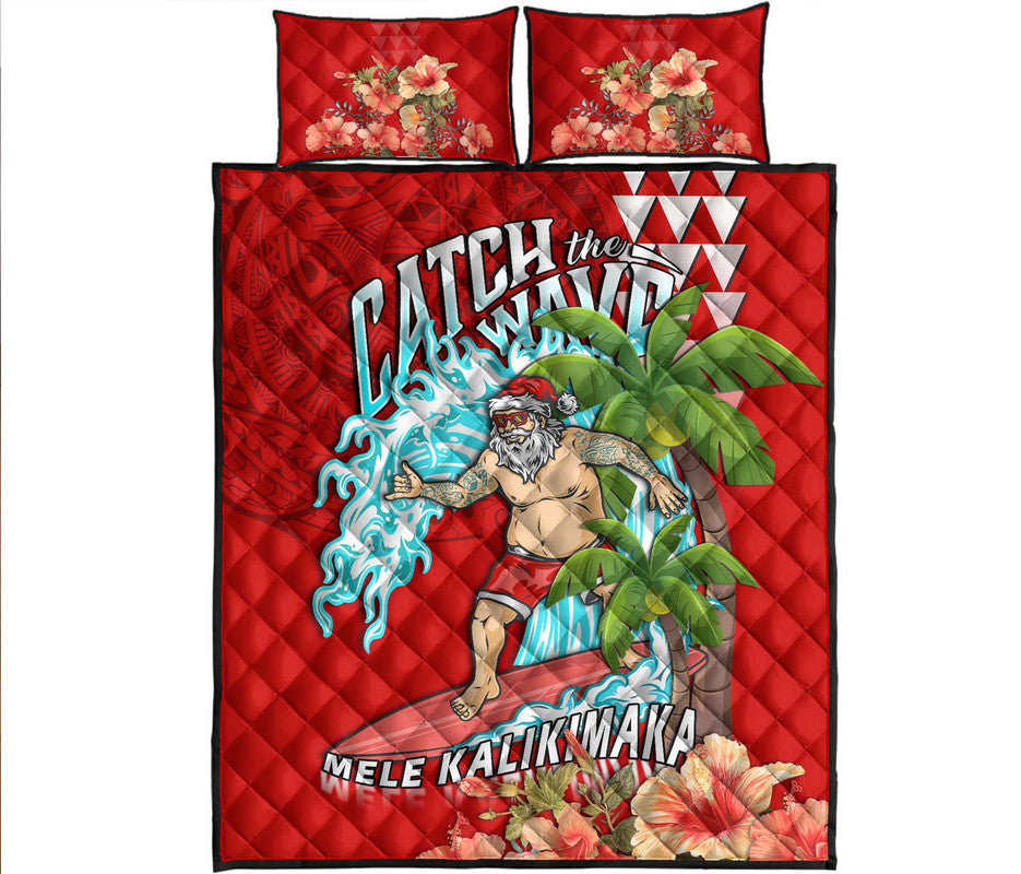 Hawaii Mele Kalikimaka Quilt Bed Set Santa Claus Surfing Xmas Time LT9 Red - Polynesian Pride