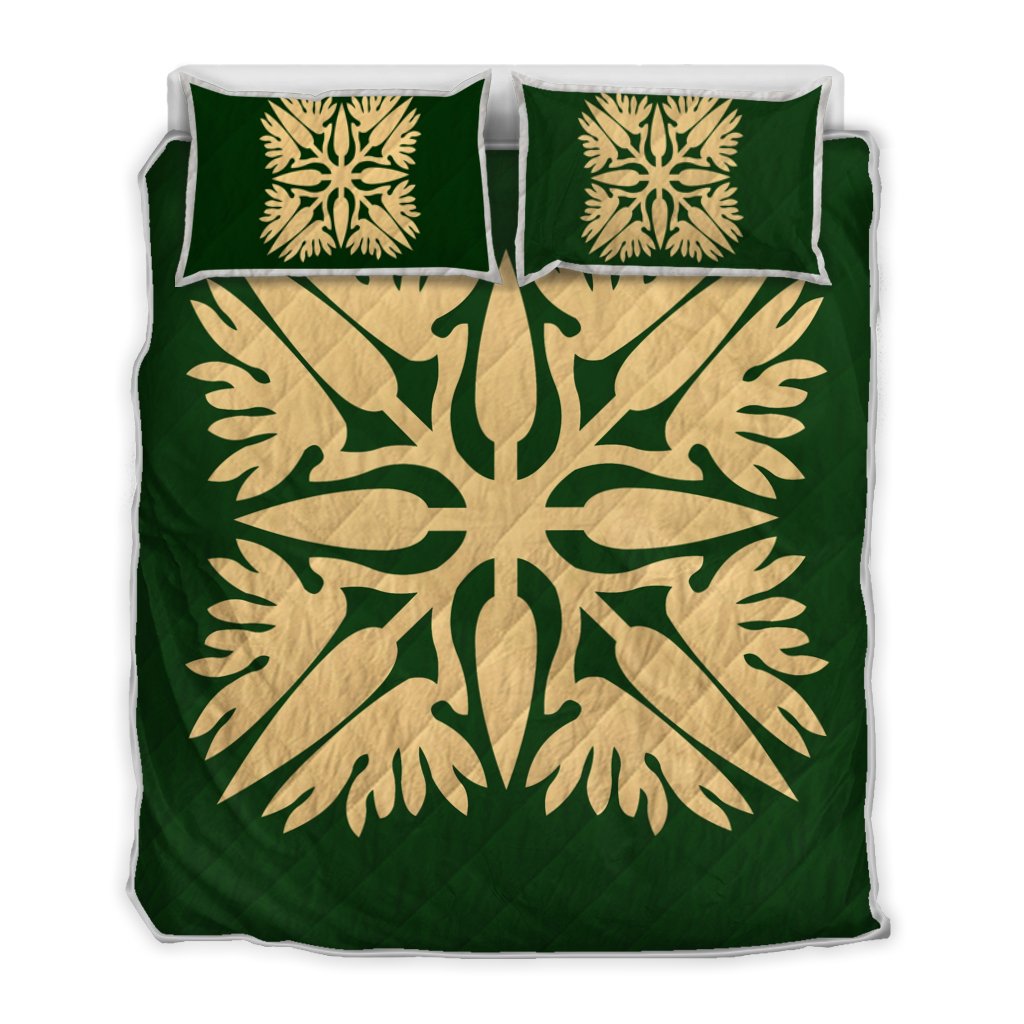 Hawaiian Royal Pattern Quilt Bed Set - Green - A3 Style Green - Polynesian Pride