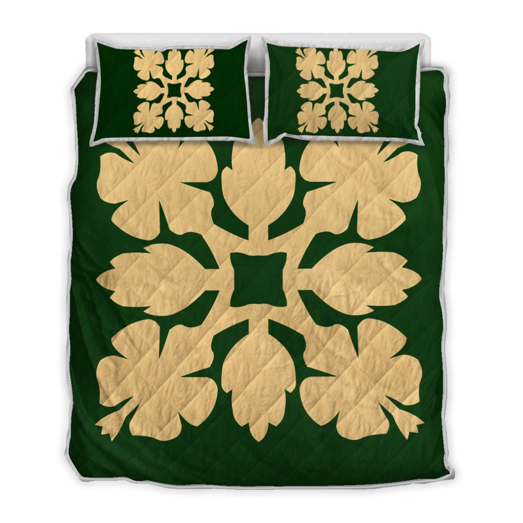 Hawaiian Royal Pattern Quilt Bed Set - Green - C1 Style - AH Beige - Polynesian Pride